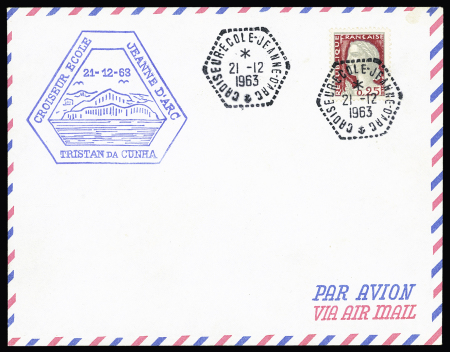 France n°1263 25c Marianne de Decaris sur lettre avec grand cachet hexagonal illustré bleu "Croiseur Ecole Jeanne d'Arc Tristan da Cunha 21.12.63". Rare et TB