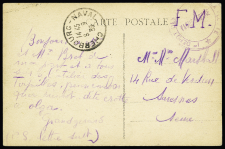 Carte postale en franchise avec rare CAD "Cherbourg naval" (9.9.1939). TB