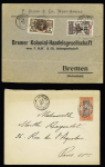 35 lettres et cartes postales (dont entiers postaux), la plupart affranchies avec types Faidherbe et Palmier dont n°21 + 26 sur LR avec griffe de recommandation provisoire d'Ouidah (1914) et n°22 OBL Carmama. TB