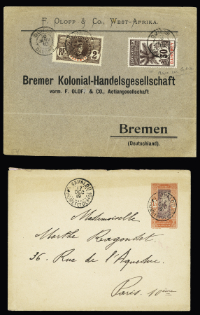 35 lettres et cartes postales (dont entiers postaux), la plupart affranchies avec types Faidherbe et Palmier dont n°21 + 26 sur LR avec griffe de recommandation provisoire d'Ouidah (1914) et n°22 OBL Carmama. TB