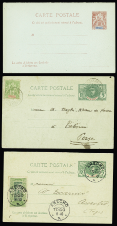 35 lettres et cartes postales (dont entiers postaux), la plupart affranchies avec types Faidherbe et Palmier dont n°21 + 26 sur LR avec griffe de recommandation provisoire d'Ouidah (1914) et n°22 OBL Carmama. TB
