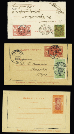 35 lettres et cartes postales (dont entiers postaux), la plupart affranchies avec types Faidherbe et Palmier dont n°21 + 26 sur LR avec griffe de recommandation provisoire d'Ouidah (1914) et n°22 OBL Carmama. TB