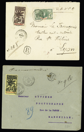 35 lettres et cartes postales (dont entiers postaux), la plupart affranchies avec types Faidherbe et Palmier dont n°21 + 26 sur LR avec griffe de recommandation provisoire d'Ouidah (1914) et n°22 OBL Carmama. TB