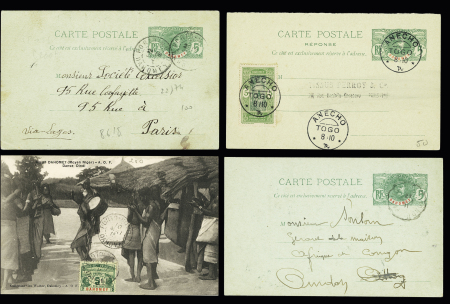 35 lettres et cartes postales (dont entiers postaux), la plupart affranchies avec types Faidherbe et Palmier dont n°21 + 26 sur LR avec griffe de recommandation provisoire d'Ouidah (1914) et n°22 OBL Carmama. TB