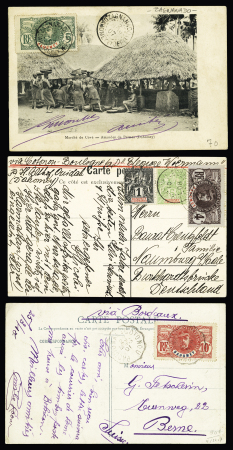 35 lettres et cartes postales (dont entiers postaux), la plupart affranchies avec types Faidherbe et Palmier dont n°21 + 26 sur LR avec griffe de recommandation provisoire d'Ouidah (1914) et n°22 OBL Carmama. TB