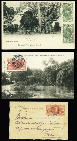 35 lettres et cartes postales (dont entiers postaux), la plupart affranchies avec types Faidherbe et Palmier dont n°21 + 26 sur LR avec griffe de recommandation provisoire d'Ouidah (1914) et n°22 OBL Carmama. TB