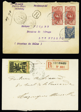 35 lettres et cartes postales (dont entiers postaux), la plupart affranchies avec types Faidherbe et Palmier dont n°21 + 26 sur LR avec griffe de recommandation provisoire d'Ouidah (1914) et n°22 OBL Carmama. TB