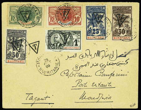 Mauritanie taxe n°1 + 2 + 4 + 5 + 7 + 7 + 8 OBL Moudjeria (1906) sur lettre, signé Calves. Rare et TB