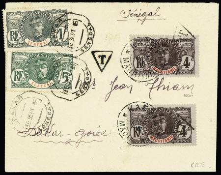 Sénégal n°30 + 33 OBL CAD télégraphique ondulé "Dakar Sénégal" (1906) sur lettre avec Mauritanie 4c Faidherbe, 2 pièces surchargées "T" sur lettre. RR et TB