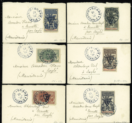 6 petits lettres, chacune avec un timbre-taxe de Mauritanie entre n°1 et n°6 OBL Boghe (1906). Bel ensemble