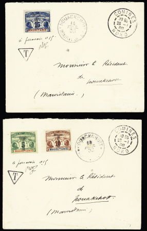 3 lettres et 1 carte postale non affranchies, avec timbres-taxe n°9, n°10 (2), n°11, n°12, OBL Nouakchott (3) et Aleg (1). TB