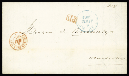 Càd bleu St Denis 6 avril 1861 sur lettre pour Marseille,