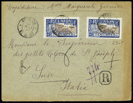 N° 63 x2 sur lettre rec. de St Denis 1920 pour l'Italie,