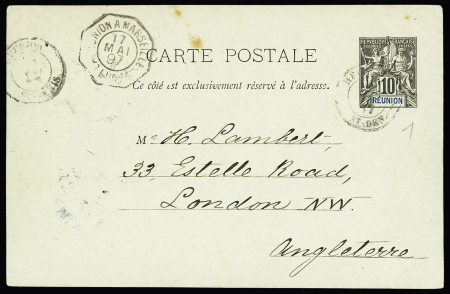 Carte postale 10c Groupe obl. St Denis 1897 pour Londres,