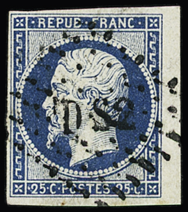 N° 10 25c bleu, petit bdf, obl. losange DS2 de Paris
