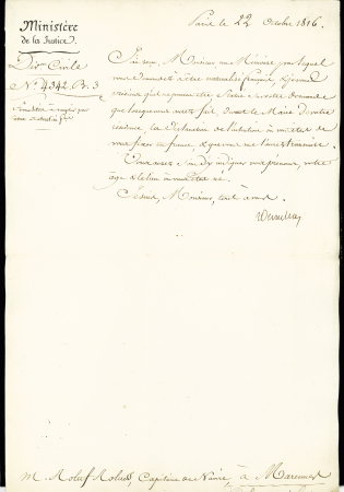 Lettre du Ministère de la Justice de Paris pour Marans avec au verso double déboursé "Deb 16 Marans" et "Deb 16 Marennes" (1816), ind 21 chaque, pièce d'exposition