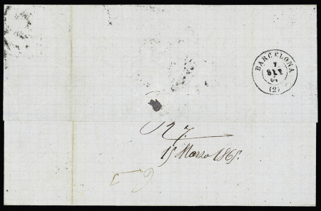 N°23 OBL espagnole "2" dans un cercle de barres horizontales + cachet rond "Admon de Cambio Barcelona 3 Ctos" sur lettre de Marseille pour Barcelone avec arrivée au verso (1864). TB