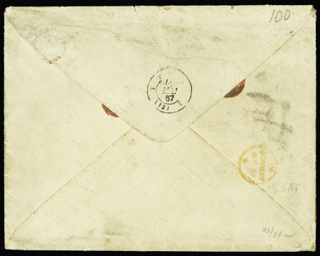 N°24, 80c rose, bande de 3 verticale OBL étoile 3 + CAD "Paris Bd Malesherbes" (1867) sur lettre pour Bombay. TB
