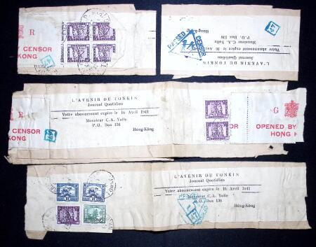 Indochine : 10 bandes de journal "L'Avenir du Tonkin" adressées à Hong-Kong, (1940) toutes avec censures diverses de Hong-Kong. TB lot