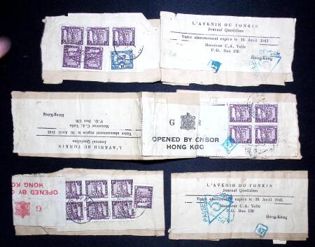 Indochine : 10 bandes de journal "L'Avenir du Tonkin" adressées à Hong-Kong, (1940) toutes avec censures diverses de Hong-Kong. TB lot