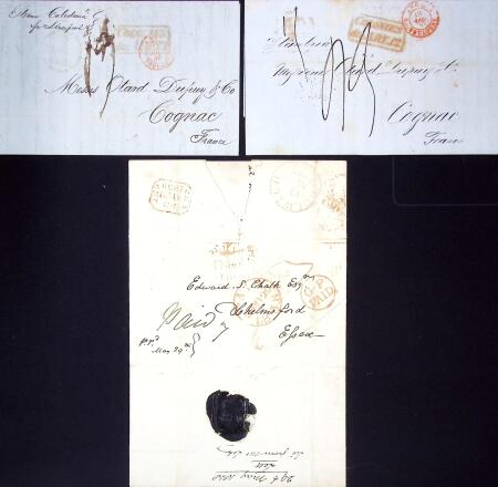 12 plis avec marques maritimes, marques d'échange dont cachet ovale noir "Packet Letter Mauritius" (1850). TB