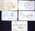 12 plis avec marques maritimes, marques d'échange dont cachet ovale noir "Packet Letter Mauritius" (1850). TB