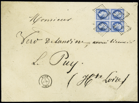 N°14 20c bleu, bloc de 4, OBL PC 2679 + T15 "Riom (62)" Puy de Dôme (1861) sur une grande lettre. TB. Cote 275€