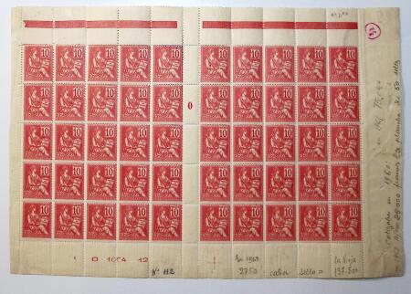 N° 112 10c Mouchon en panneau complet de 50 timbres