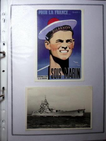 Classeur bleu de bureau contenant 55 lettres, cartes postales et documents concernant le batiment de ligne Richelieu. TB