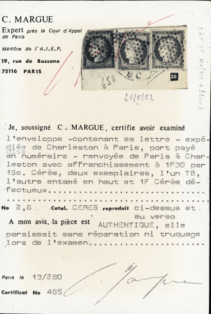 Enveloppe avec sa lettre de Charleston (USA) à Paris,