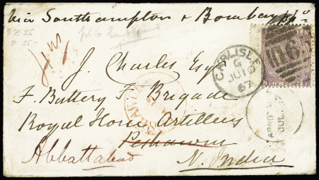 1867 Envelope to Peshawar/India bearing a 1865-67 6d