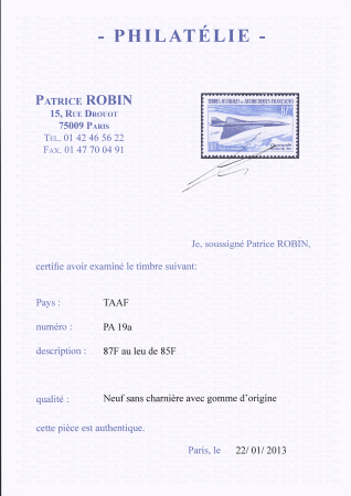 TAAF Poste aérienne n°19A 87f Concorde non émis,