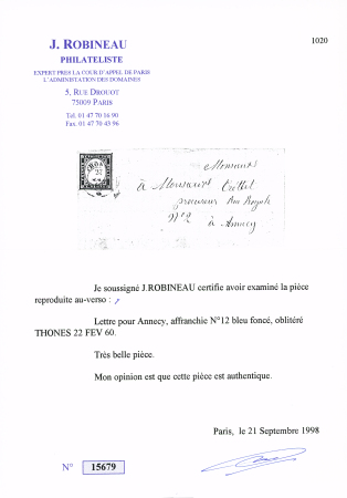 THONES càd sarde 23.02.1860 sur n°12 20c bleu foncé