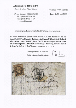 Correspondance Havas en allemand avec arrivée par Ballon