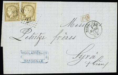 N° 56 30c brun (x2) sur lettre 1873 pour la GRECE