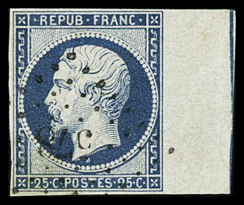 N°10b 25c bleu, bdf avec filet d'encadrement, obl.