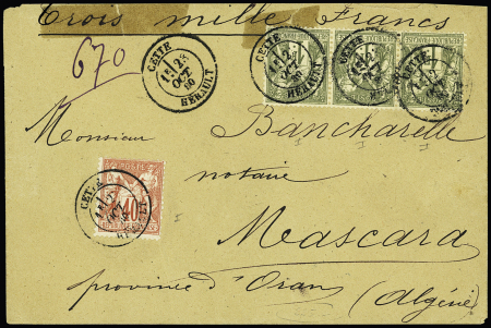 N°70 + 72 en bande de 3 OBL T18 "Cette Herault" (1880) sur lettre chargée (VD 3000F) pour Mascara Algérie. TB