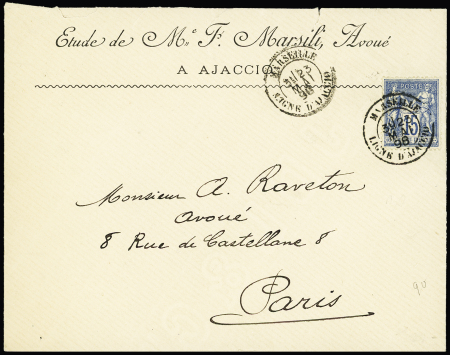 N°101 OBL CAD "Marseille ligne d'Ajaccio" (1898) répété à côté sur lettre d'Ajaccio pour Paris. TB