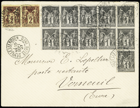 N°83, bloc de 11 + n°85 en paire OBL CAD "Deville les Rouen Seine Infre" (1897) sur lettre. TB