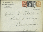 N°83 + 110 + 112 OBL "Lyon Rhone" (15 dec 1900) sur lettre AFF composé Sage-Blanc-Mouchon sur lettre. TB