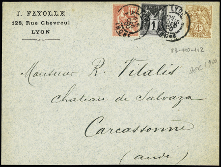 N°83 + 110 + 112 OBL "Lyon Rhone" (15 dec 1900) sur lettre AFF composé Sage-Blanc-Mouchon sur lettre. TB