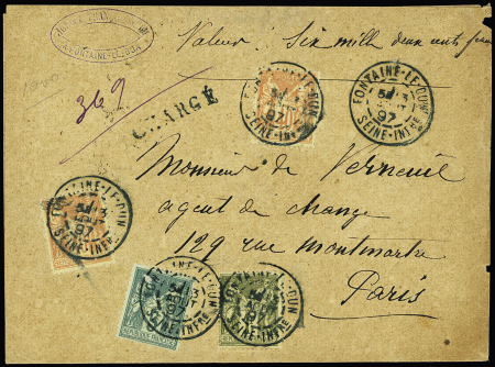 N°75 + 82 + 94, 2 pièces OBL CAD "Fontaine-le-Dun Seine Infre" (1897) sur lettre chargée (VD 6200F). TB