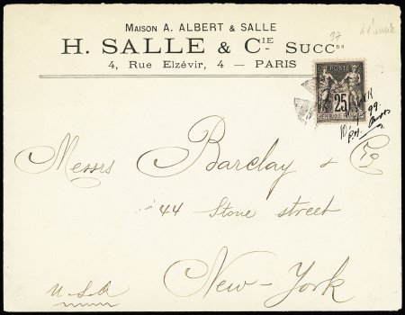 N°97 OBL de fortune bouchon + manuscrite (1899) à l'arrivée à New-York sur lettre de Paris pour New-York. TB