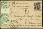 N°106, bande de 3 interpanneau millésime 9 OBL "Douarnenez Finistère" (1899) sur entier carte-lettre recommandée 25c noir sur rose. TB