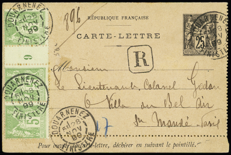 N°106, bande de 3 interpanneau millésime 9 OBL "Douarnenez Finistère" (1899) sur entier carte-lettre recommandée 25c noir sur rose. TB