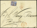 N°90 OBL CAD rouge "(3) affranchissements (3) Paris" (1878) sur devant de lettre recommandée, rare. TB