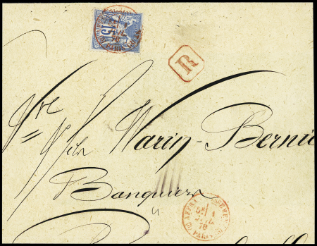 N°90 OBL CAD rouge "(3) affranchissements (3) Paris" (1878) sur devant de lettre recommandée, rare. TB