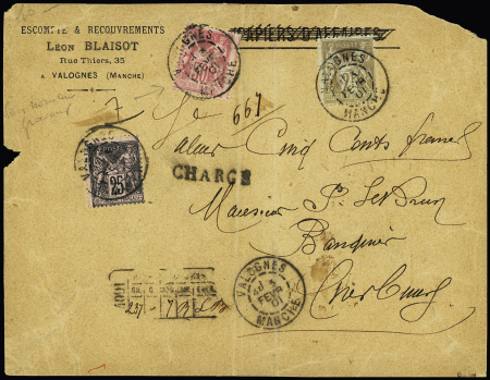 N°97 + 98 + 105, 2F bistre sur azuré OBL Valognes Manche (1901) sur devant de lettre chargée (VD 500F). Rare 