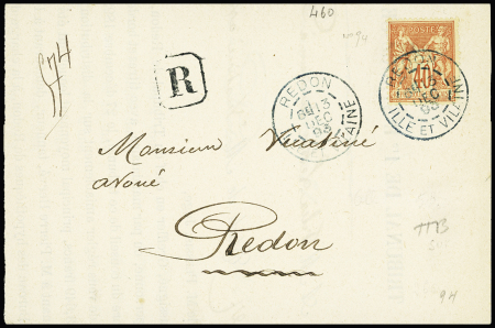 N°94 OBL CAD bleu "Redon Ille et Vilaine" (1893) répété à côté sur convocation recommandée du tribunal de 1ère instance. TB
