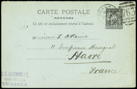 Entier carte postale réponse 10c Sage OBL duplex anglaise "Swansea 763" (1895). TB